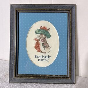 Vintage Handmade Benjamin Bunny Framed Cross Stitch Art